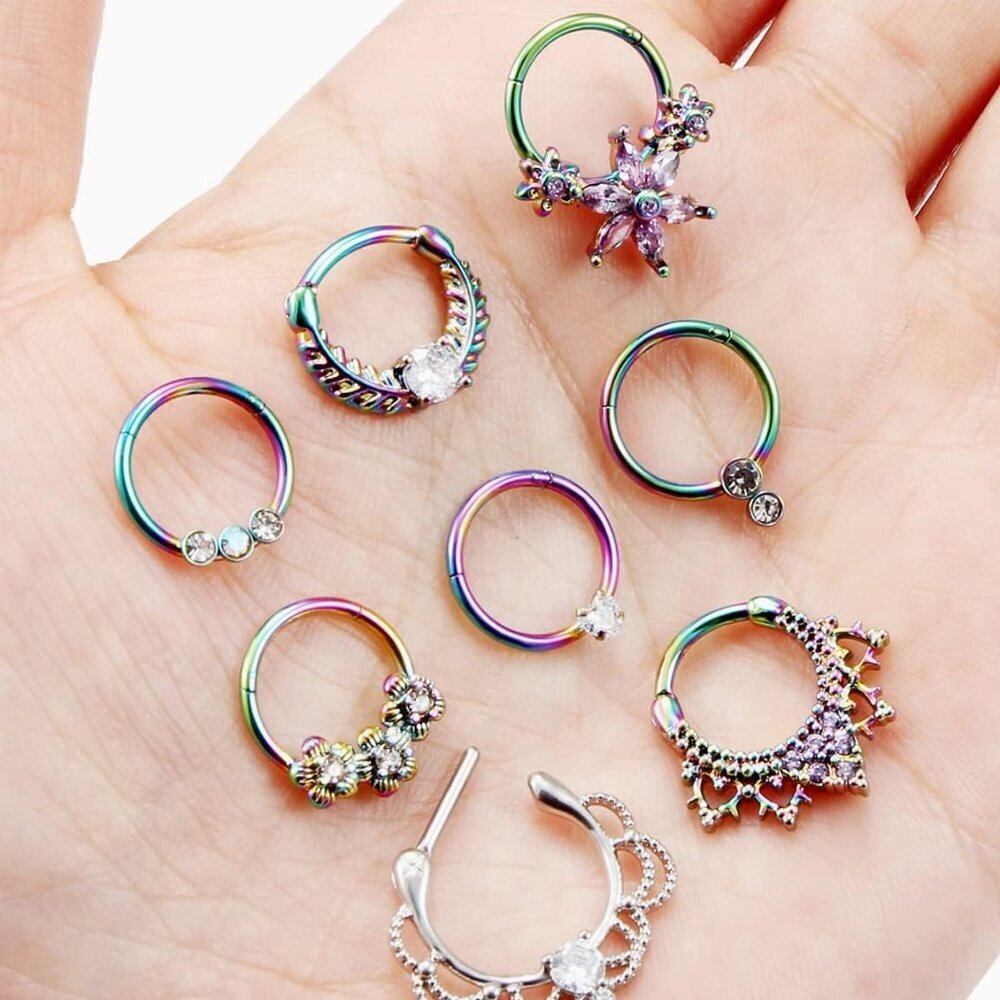 Septum Daith Earrings 16g Stainless Steel Rainbow Rose Gold Piercing Jewelry - Picture 6 of 6